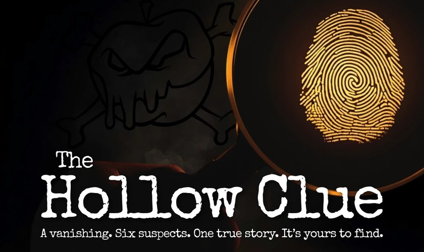 The Hollow Clue: a glowing fingerprint under a magnifying glass